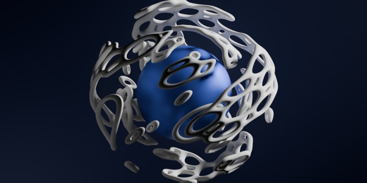 A blue ball is in a metal structure
