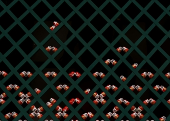 Rows of abstract red and white shapes on dark background.