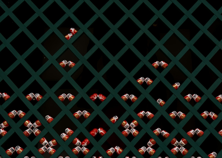 Rows of abstract red and white shapes on dark background.