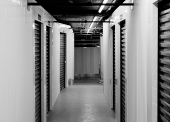 Empty hallway with storage units.