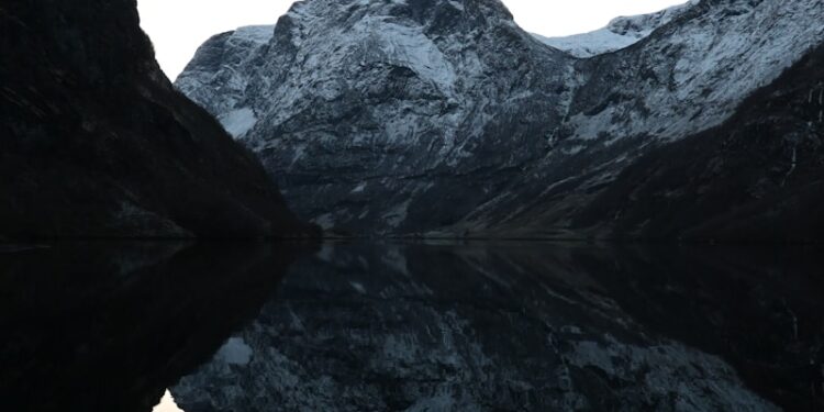 Snow-capped mountains reflected in calm water