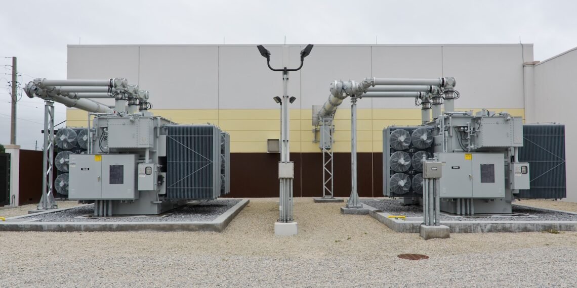 Power lines and grid infrastructure supplying electricity to data centers