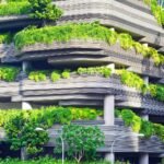 Green building with trees on balconies