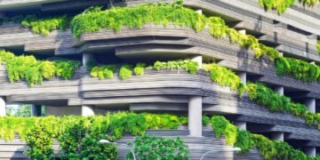 Green building with trees on balconies