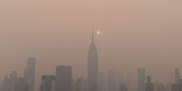 City skyline with haze